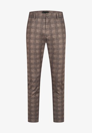 Braune Slim-Fit-Hose mit vertikalem Karomuster, Knopfverschluss, Gürtelschlaufen und zwei Vordertaschen.
