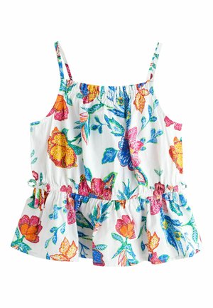 Hvid ærmeløs pigetop med farverigt blomsterprint, tynde skulderstropper, elastisk halsudskæring og flæsekant med knyttede bånd i siderne.