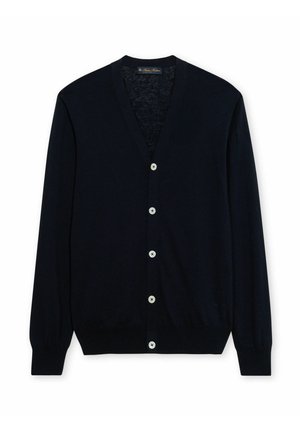 Czarny kardigan z dekoltem w serek, z długimi rękawami i pięcioma białymi guzikami z przodu, zaprezentowany na białym tle.