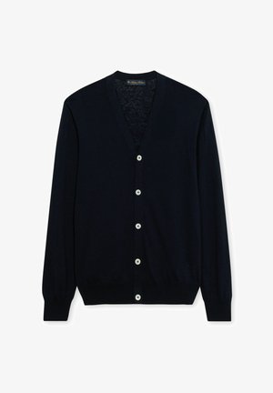 Černý kardigan s výstřihem do V, dlouhými rukávy a pěti bílými knoflíky po celé délce vpředu, zobrazený na bílém pozadí.