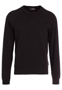 Černá mikina s dlouhými rukávy, žebrovanými manžetami a vyvýšeným logem na přední straně. Vyrobena z měkkého, texturovaného materiálu.