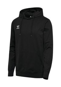 Fekete pulóver pamutkeverék anyagból, elöl kenguruzsebbel, állítható húzózsinóros kapucnival és fehér Hummel logóval.