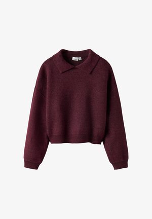 Burgundijska majica sa kragnom, oversized kroj, rebraste manžetne i rub, izrađena od mekane pletene tkanine, koja nudi teksturirani završetak.