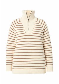 Strickpullover mit hohem Kragen, halbem Reißverschluss, in Creme und Braun mit horizontalen Streifen, gerippten Bündchen und lockerer Passform.