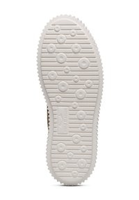 Suela de zapato de goma con patrones texturizados, que presenta agarraderas circulares y ovaladas, y un borde serrado. El color es principalmente blanco con surcos claros.