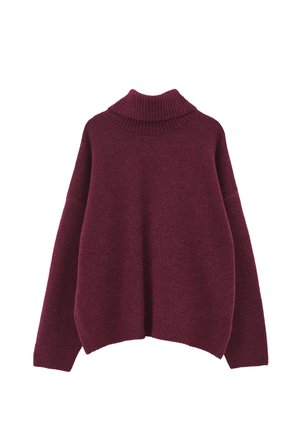 Pull col roulé bordeaux avec col côtelé, coupe oversize, épaules tombantes et tricot texturé. Matière douce en mélange de laine.