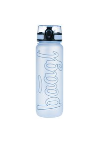Bottiglia d'acqua di plastica trasparente con un logo blu, forma cilindrica e un coperchio nero e trasparente dotato di beccuccio a ribalta.