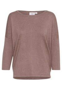 Maglione marrone a maglia con una vestibilità comoda, ampia scollatura a barca e maniche a 3/4. Tessuto testurizzato con un sottile motivo a coste.