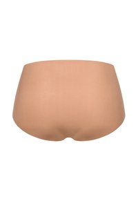 Beige nahtlose Hipster-Slips mit glatter Textur, mittelhohem Design und vollem Schutz. Keine sichtbaren Nähte oder Muster.