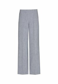 Lichtgrijze, wijde broek gemaakt van een textuurstof, lichtgewicht. Kenmerken zijn een hoge taille en scherpe plooien aan de voorkant.