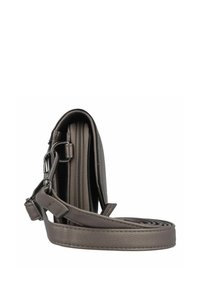 Bolso cruzado compacto en gris, hecho de cuero sintético con una textura suave, compartimentos con cremallera y una correa ajustable para un uso versátil.