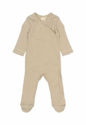 Beige stribet babydragt med lange ærmer, omslag design, trykknapper langs siden og fødder. Blødt bomuldsstof.