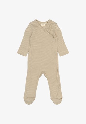 Béžový tehotenský overal pre bábätká s dlhými rukávmi, prešívaným dizajnom, patentkami na boku a nohavicami so zateplením. Mäkko bavlnené materiály.
