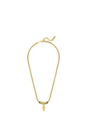 Gold chain necklace with a tooth-shaped pendant and black-ringed beads, featuring a small tag near the clasp.