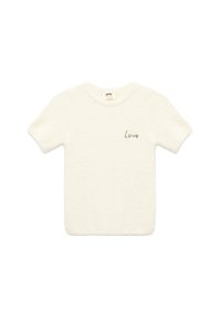 Krémfarvet kortærmet strikket sweater med en blød tekstur og en rund halsudskæring. Har ordet "Love" syet i brun.