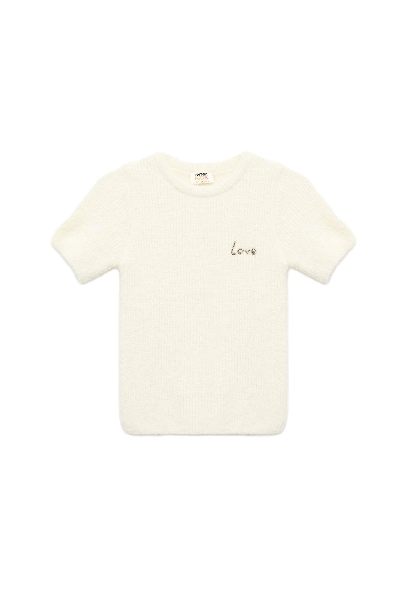 Krémfarvet kortærmet strikket sweater med en blød tekstur og en rund halsudskæring. Har ordet "Love" syet i brun.