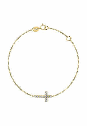 Delicaat gouden kettingarmband met een horizontale kruis hanger bezet met kleine heldere edelstenen en een veerring sluiting.