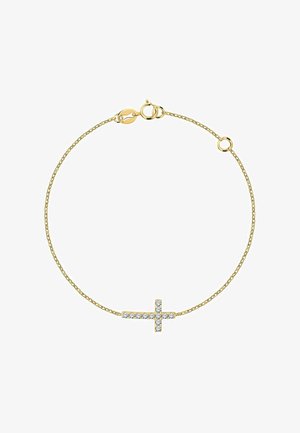 Delicaat gouden kettingarmband met een horizontale kruis hanger bezet met kleine heldere edelstenen en een veerring sluiting.