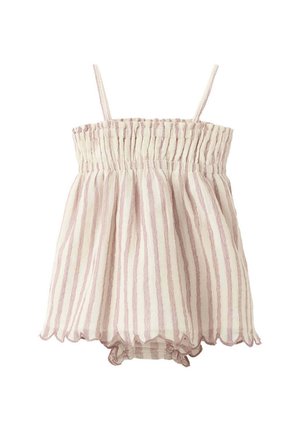 Robe bébé sans manches à rayures verticales rose clair et blanc avec ourlet volanté et bloomers assortis en dessous.