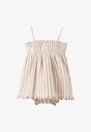 Rochiță pentru bebeluși fără mâneci în dungi verticale roz pal și alb, cu tiv volăn și pantalonași asortați dedesubt.