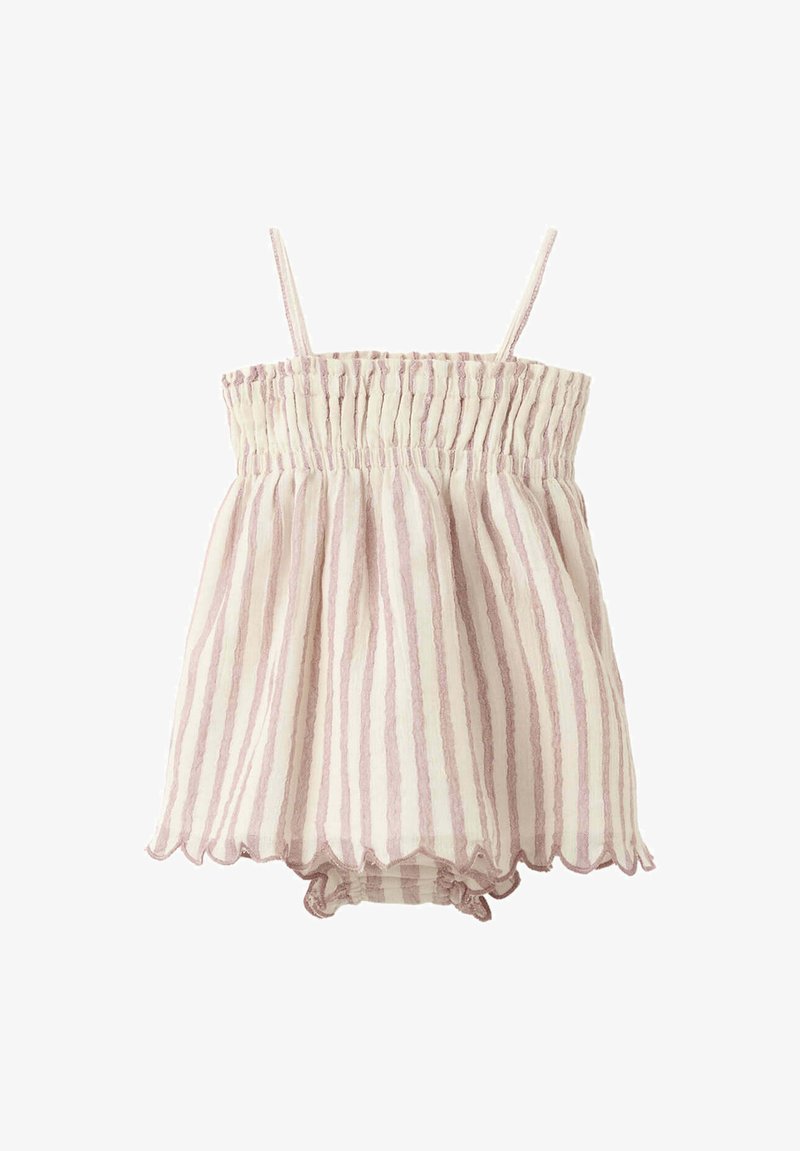 Robe bébé sans manches à rayures verticales rose clair et blanc avec ourlet volanté et bloomers assortis en dessous.