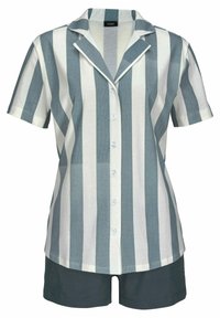 Striped pajama set with a short-sleeve button-up shirt in white and teal, paired with dark teal shorts. Cotton fabric, classic collar, and pockets.