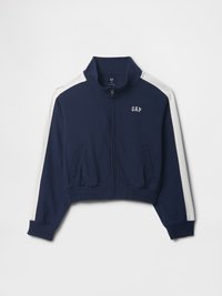 Námornícka mikina na zips s bielymi pruhmi, rebrovanými manžetami a pásom. Na hrudi sa nachádza logo GAP. Je vyrobená z mäkkého, ľahkého materiálu.