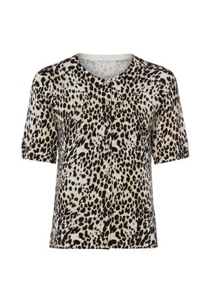 Kurzarm-Knopfoberteil mit beige-schwarzem Leopardenmuster, rundem Ausschnitt und kleinem Markenlabel innen im Kragen.