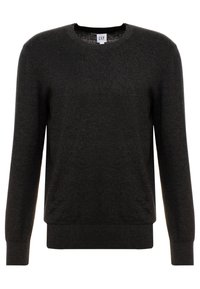Maglione grigio scuro a girocollo, con maniche lunghe e polsini e orlo a coste. Realizzato in un morbido materiale a maglia testurizzato.