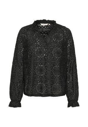 Zwarte kantblouse met een V-hals, lange mouwen met rimpel manchetten en een ingewikkeld bloemenpatroon over de gehele blouse.