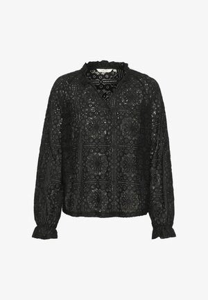 Svart spetsblus med V-ringning, lång ärm med volangmuddar och en intrikat blommönster genom hela.