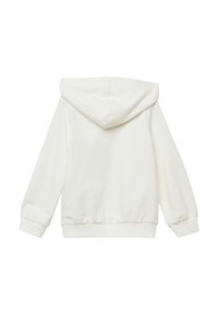 Sweatshirt à capuche blanc avec manches longues, poignets et ourlet côtelés. Texture lisse, sans motifs ni éléments métalliques visibles. Vue arrière uniquement.