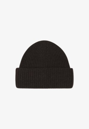 Dark brown knit beanie with a ribbed texture and rolled cuff. Made from soft fabric, featuring a rounded top design.