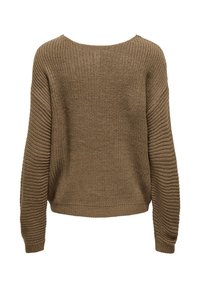 Bruine gebreide trui met een ontspannen pasvorm. Beschikt over een brede ronde halslijn, ribbelaccenten op de mouwen en een gestructureerde stof.