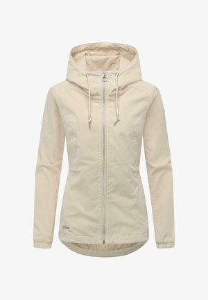 Jasnobeżowa kurtka wykonana z miękkiej, gładkiej tkaniny. Posiada zapinany na zamek przód, regulowany kaptur ze sznurkami oraz długie rękawy z elastycznymi ściągaczami.