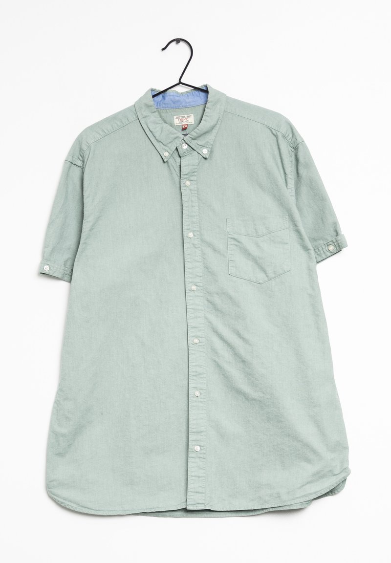 Camicia verde chiaro a maniche corte con bottoni, taschino sul petto, colletto a punta e orlo curvo. Realizzata in tessuto testurizzato.