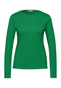 Grön långärmad skjorta i mjuk bomull, med rund halsringning och en enkel, slät design utan mönster eller dekorationer.