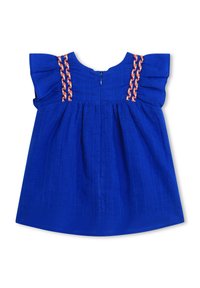 Helderblauwe peuterkleed met korte, gerimpelde mouwen en twee verticale gevlochten oranje en roze accenten bij de halslijn.