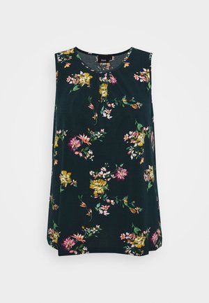 Blouse noire sans manches avec motifs floraux jaunes, roses et blancs, col rond et léger pli central sur le devant.