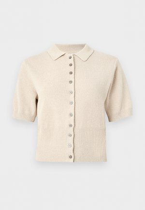 Beige gebreid vest met korte mouwen, een kleine kraag, knoopsluiting aan de voorkant, en een geribbelde zoom en manchetten.