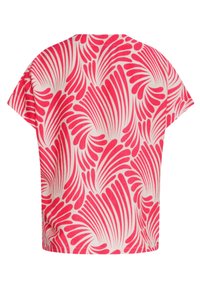 Short-sleeve top featuring a cream background with bold pink, curved leaf-like patterns. Made of lightweight fabric with a relaxed fit.