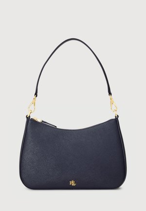 Navy blue leather handbag with a curved design, gold hardware accents, a single handle, and a small logo on the front. Zipper closure on top.