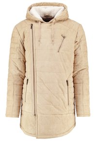 Giacca imbottita beige con cappuccio, dotata di zip frontale asimmetrica, tre tasche con zip e fodera in pile bianco nel cappuccio.