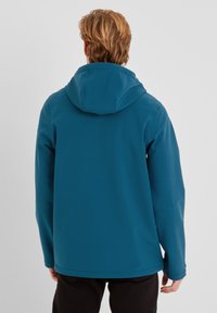 Teal hooded jacket with a smooth texture, long sleeves, and a relaxed fit. Features a simple design with no visible hardware or patterns.