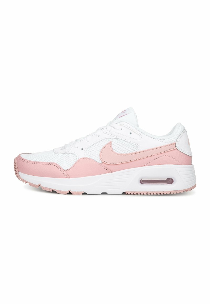 Nike Air Max sneakers met een wit mesh bovenwerk en roze leren accenten, ronde neus en zichtbare luchtkussens in de hiel.