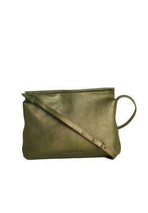 Green leather crossbody bag with adjustable strap and loop handle, soft texture, rectangular shape.