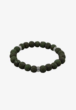 Bracelet extensible avec perles en pierre de lave poreuse vert foncé et trois perles intercalaires décoratives en argent, présenté sur fond blanc.