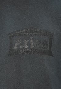 Svart bomullsskjorte med et subtilt, matt trykt logo med et tempelmotiv over ordet "Aries."