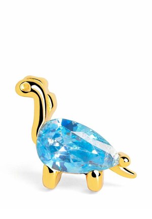 Guld broche formet som en dinosaur med en stor facetteret blå ædelsten som kroppen, stående på fire gyldne ben.