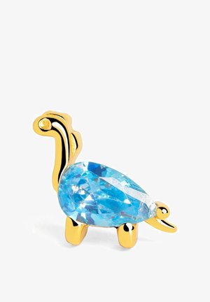 Goldener, dinosaurusförmiger Brosche mit einem großen facettierten blauen Edelstein als Körper, stehend auf vier goldenen Beinen.